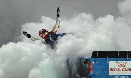 UNOH 200 Truck Race Winner Kyle Busch hangs out of his truck while performing a burnout after finishing the Rain Delayed race on Wednesday, August 16, 2017 in Bristol, Tennessee.