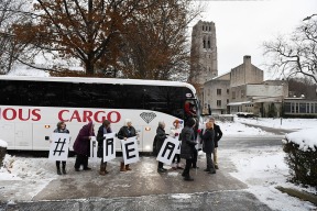 Supporters of Ansly Damus board a bus to attend a hearing for Damus on Wednesday November 28, 2018 in Cleveland Heights, OH. The hearing was in Ann Arbor, MI. Damus, who is from Haiti has been detained since 2016 after coming to the United States to seek asylum.
