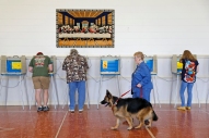 HM News: Jonathon Gruenke, Daily Press---Susie Nelson walks past a painting of the Last Supper with german shepherd, Cali, as voters cast their ballots at Trinity United Methodist Church in Poquoson Tuesday afternoon November 6, 2018.